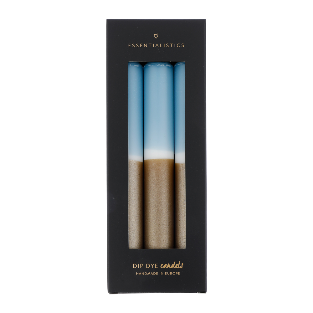 Dip dye dinner candle 3 pieces light blue/white/gold