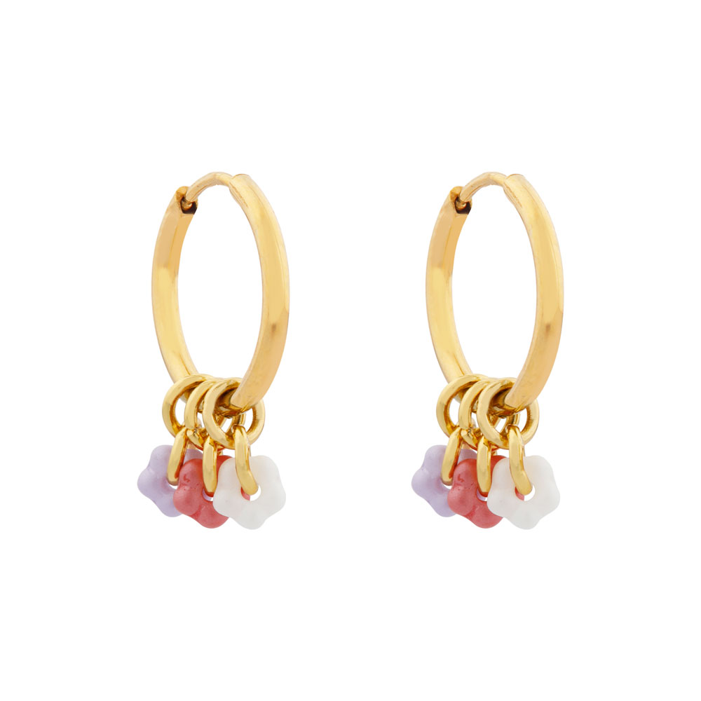 Oorbellen minimalistisch flowerpower wit roze paars goud Oorbellen minimalistisch flowerpower wit roze paars goud