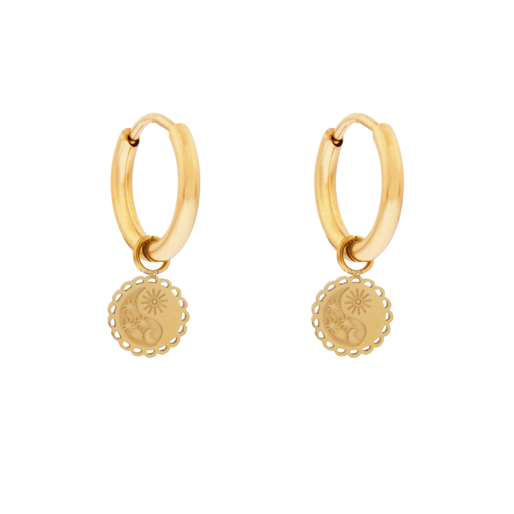 Earrings small with pendant coin day and night gold