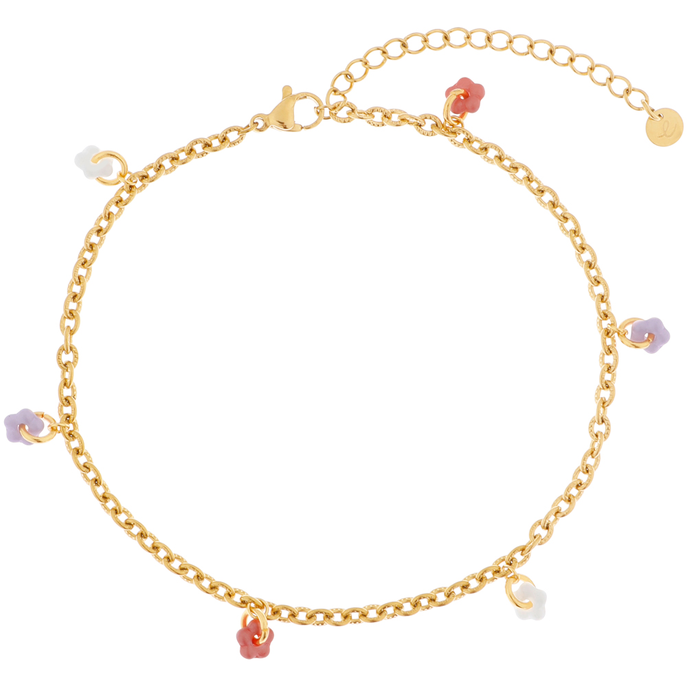 Enkelbandje minimalistisch flowerpower wit/roze/paars Enkelbandje minimalistisch flowerpower wit/roze/paars