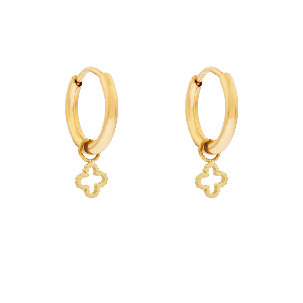 Oorbellen klein met hanger open geribbeld klavertje goud Oorbellen klein met hanger open geribbeld klavertje goud
