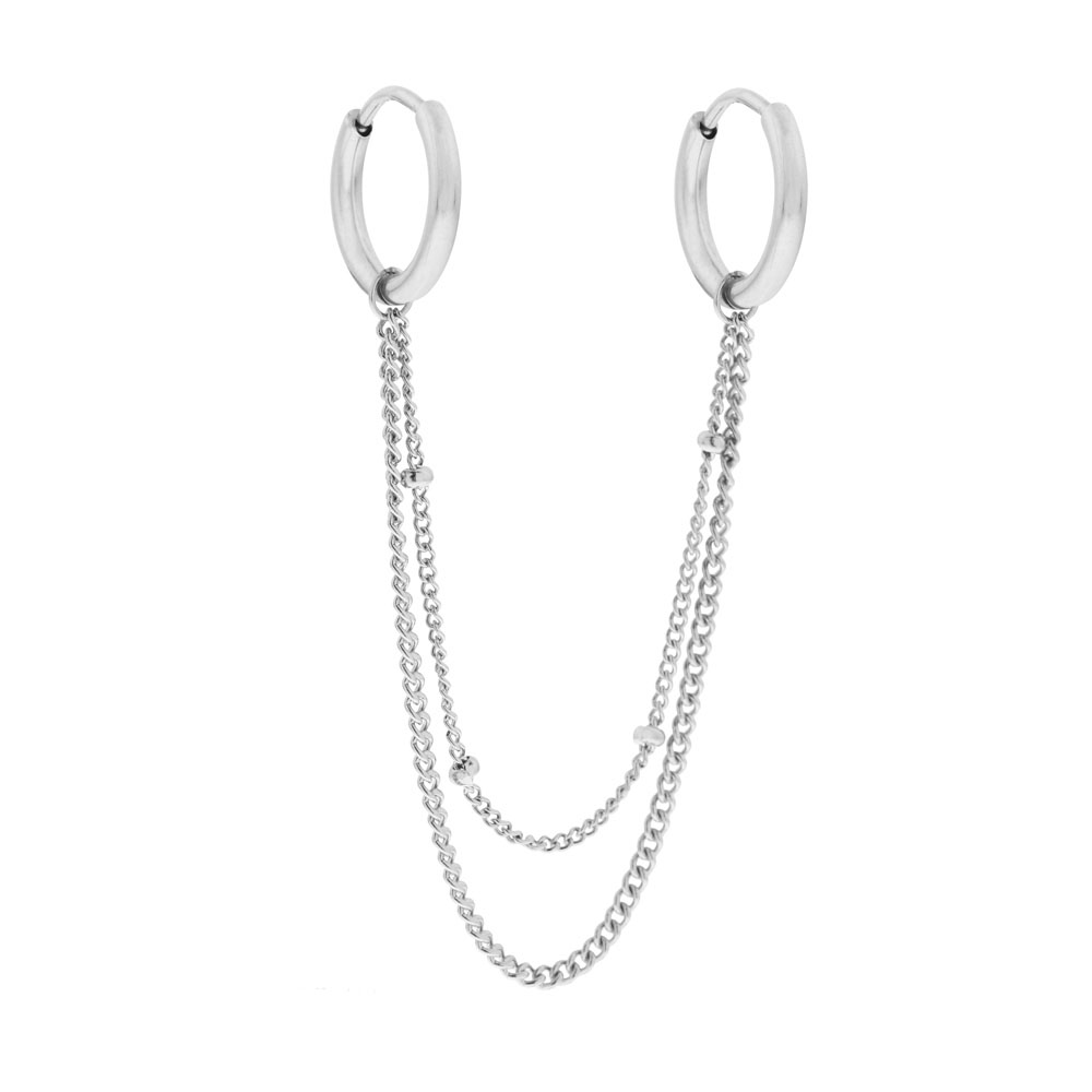 Earrings double ring chain plain and dots silver