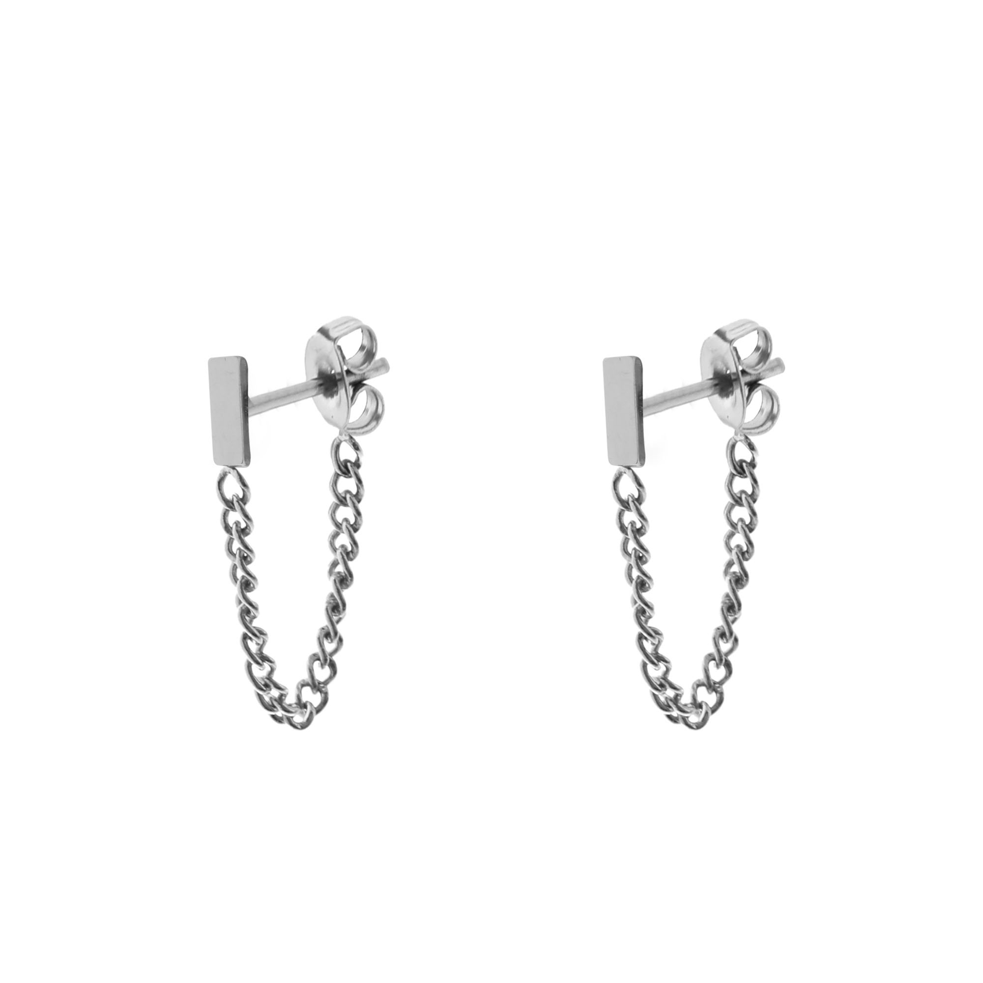 Stud earrings with chain bar silver