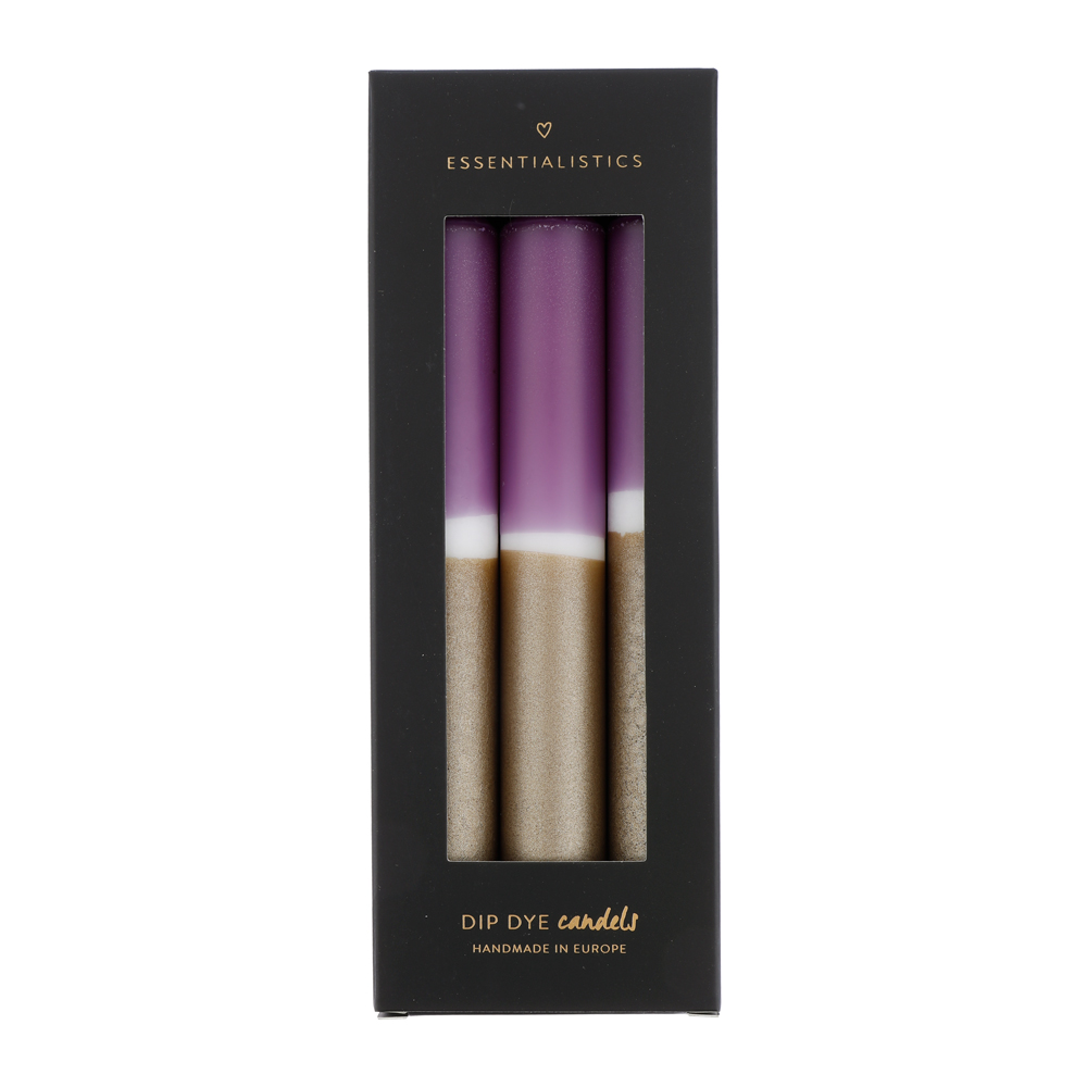 Dip dye dinner candle 3 pieces purple white gold