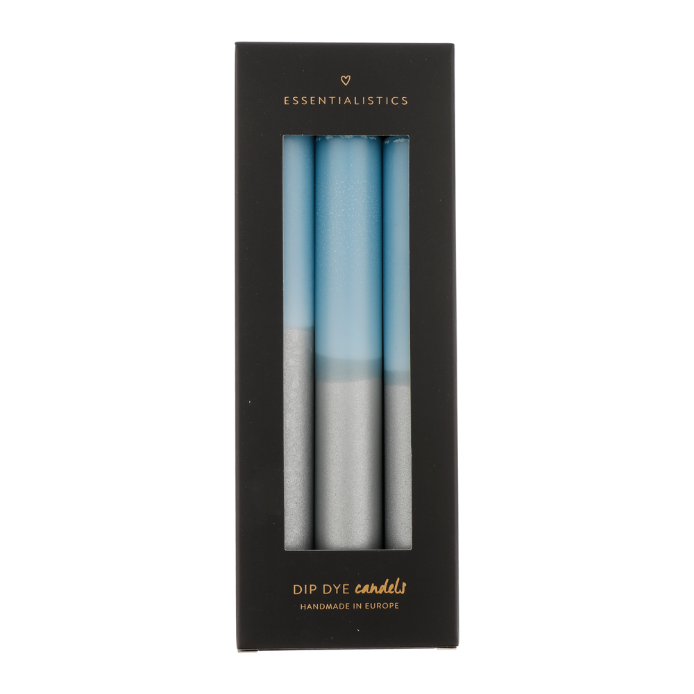 Dip dye dinner candle 3 pieces light blue silver