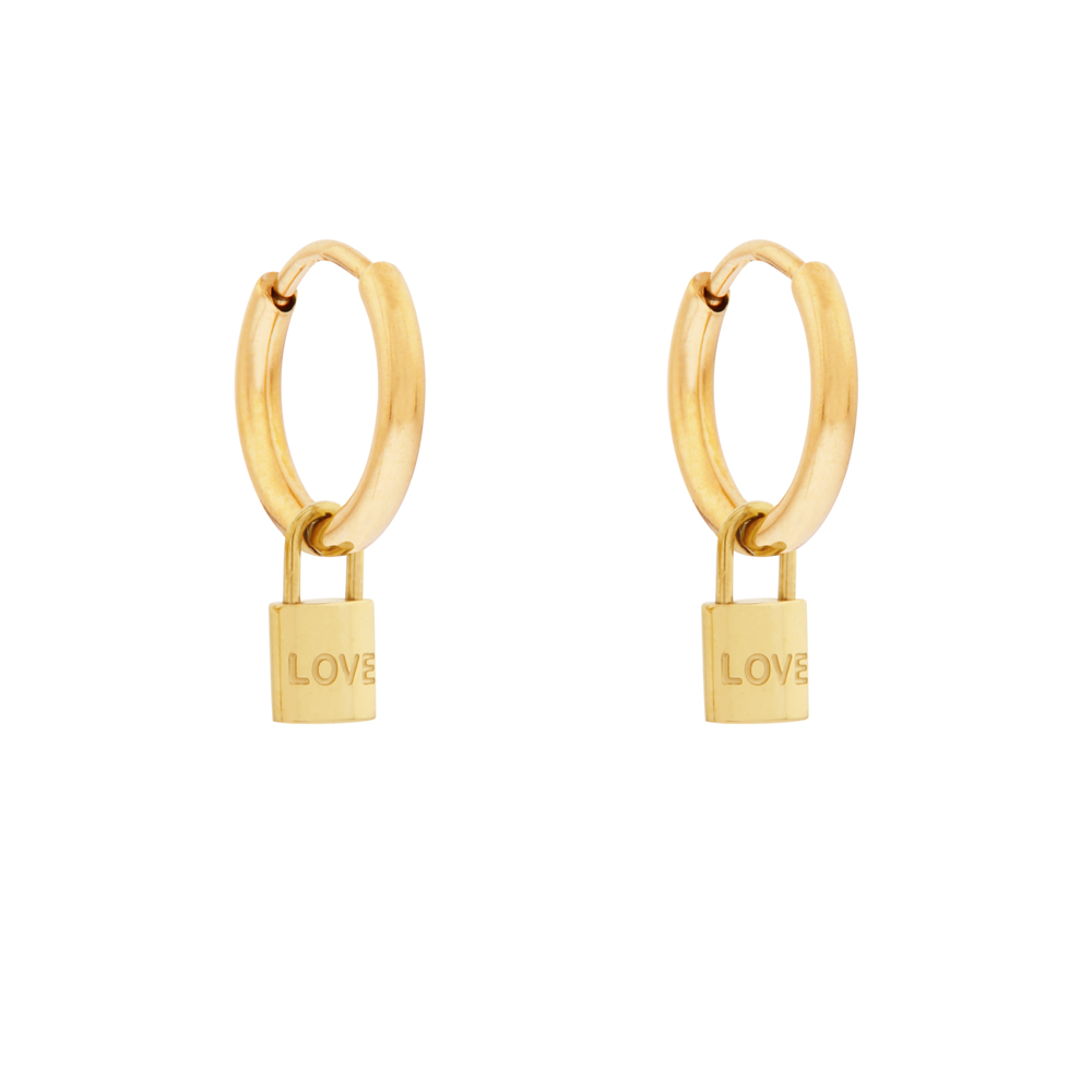 Earrings small with pendant lock love gold