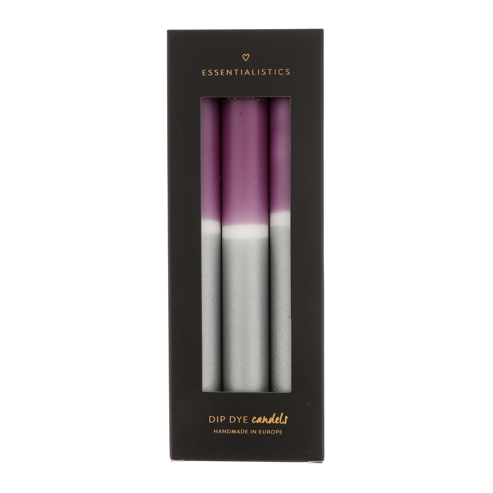 Dip dye dinner candle 3 pieces purple white silver