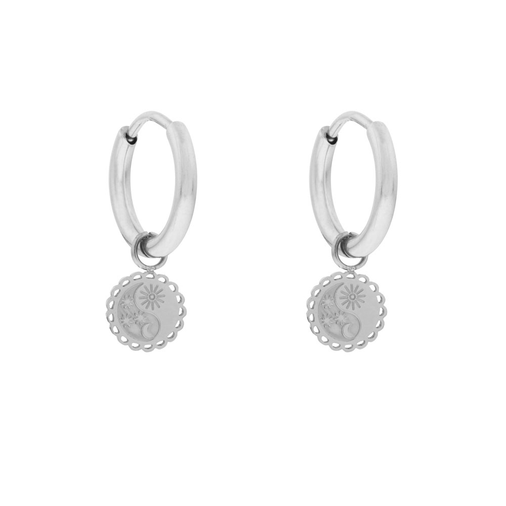 Earrings small with pendant coin day and night silver