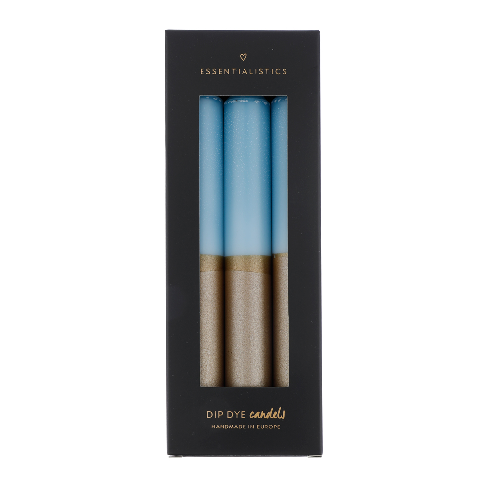 Dip dye dinner candle 3 pieces light blue gold